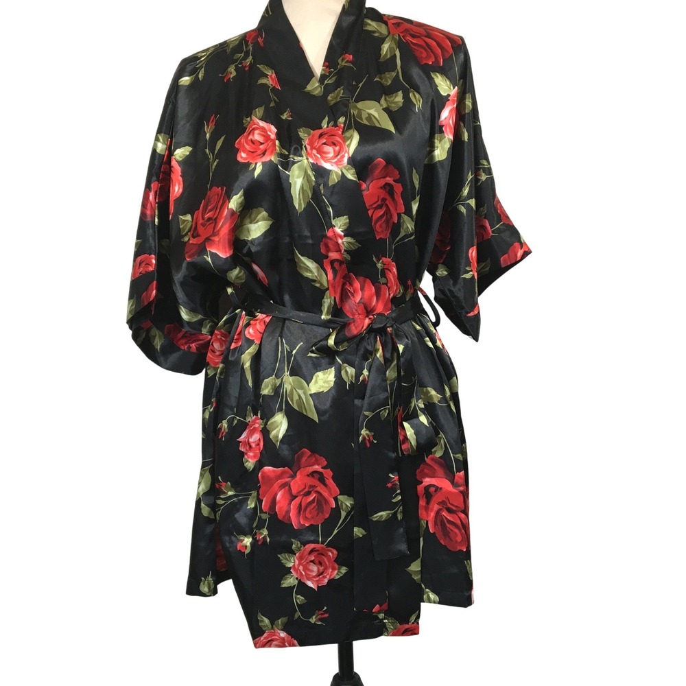 Alexander Del Rossa‎ Black Red Rose Satin Kimono Robe Size L
